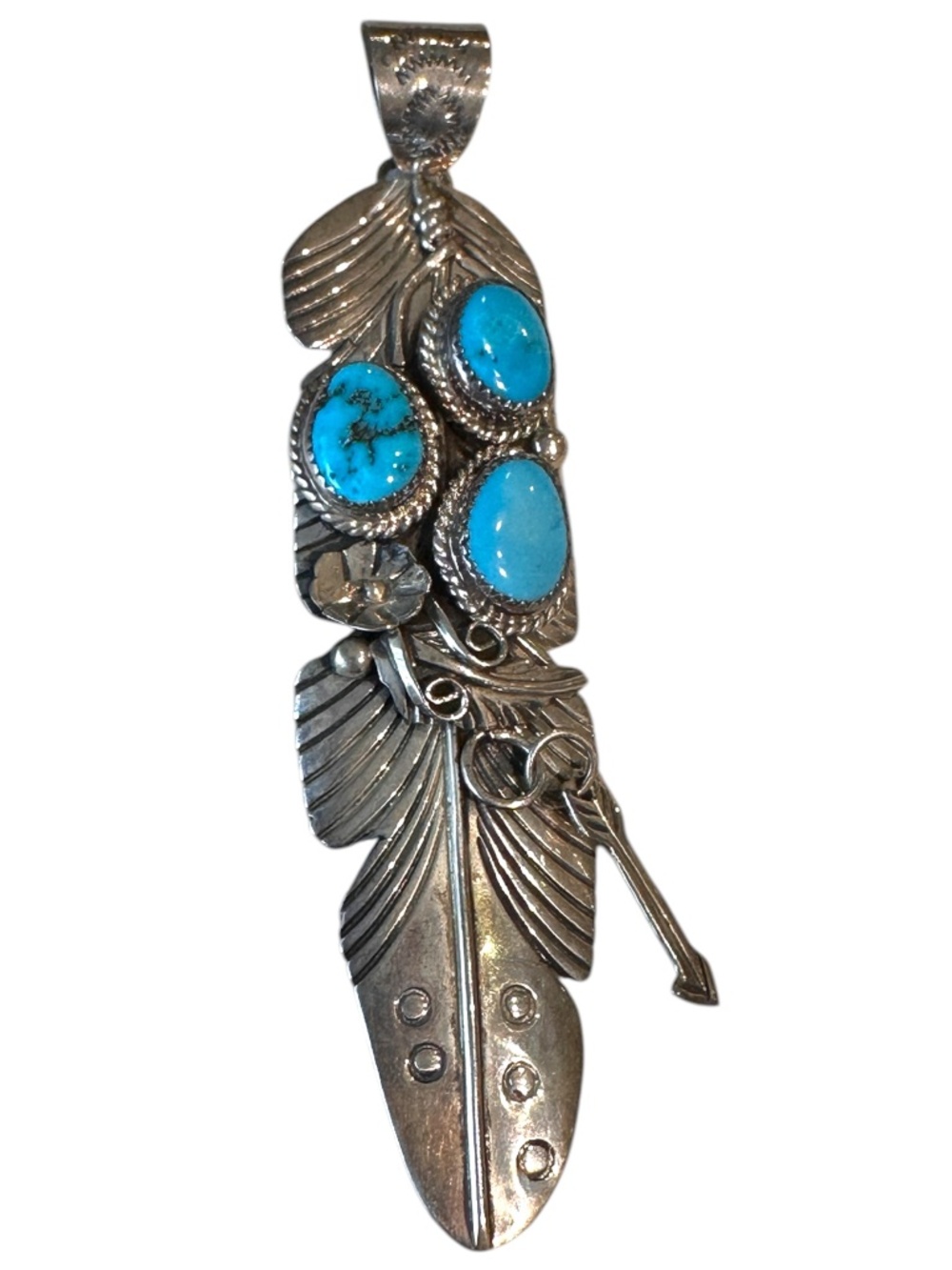 Large Southwestern sterling silver turquoise feather pendant, signed JK